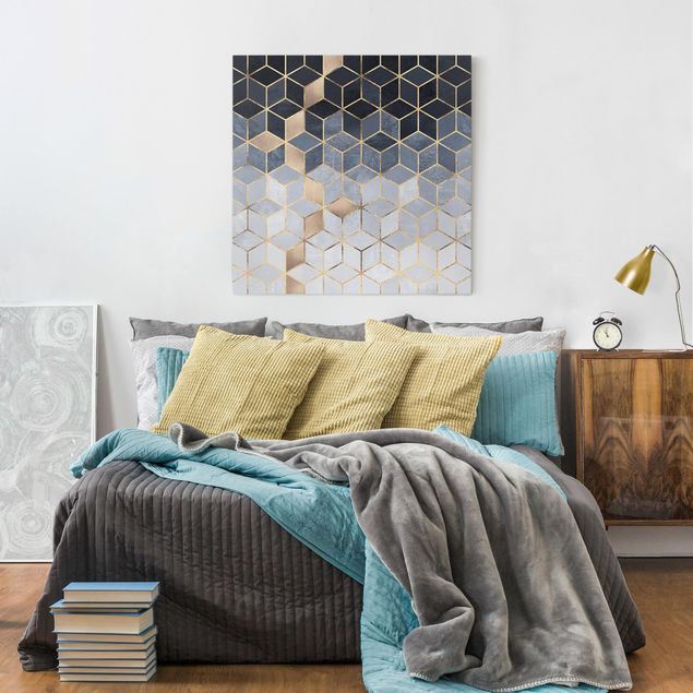 Wanddeko Schlafzimmer Blau Weiß goldene Geometrie