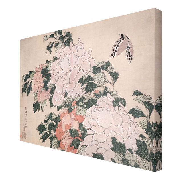 Wanddeko Esszimmer Katsushika Hokusai - Rosa Pfingstrosen mit Schmetterling