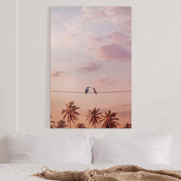 Wanddeko Schlafzimmer Sonnenuntergang mit Kolibris