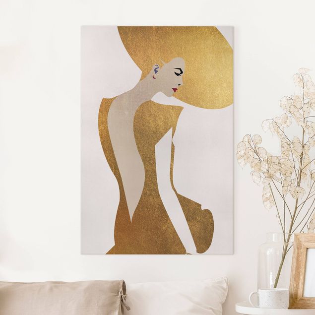 Wanddeko Wohnzimmer Dame mit Hut in Gold