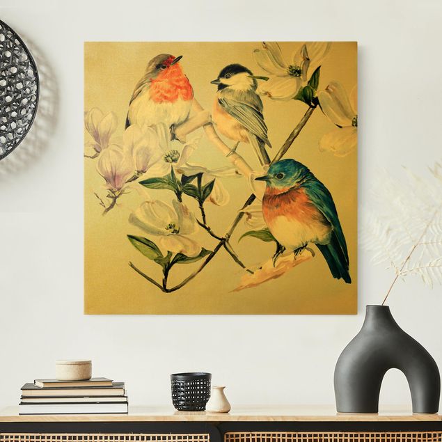 Wanddeko Schlafzimmer Bunte Vögel auf einem Magnolienast I