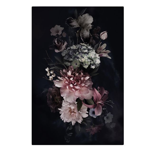 Wanddeko Flur Blumen mit Nebel auf Schwarz