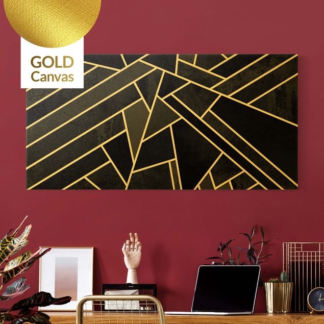 Wanddeko Wohnzimmer Goldene Geometrie - Schwarze Dreiecke