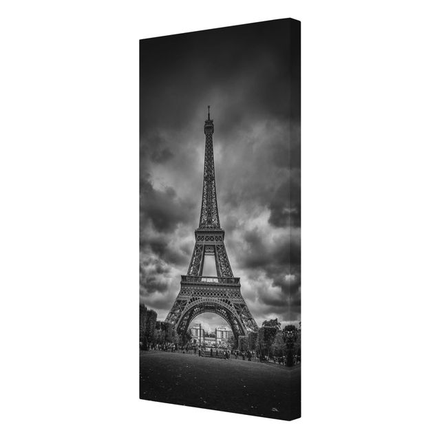 Wanddeko Esszimmer Eiffelturm vor Wolken schwarz-weiß