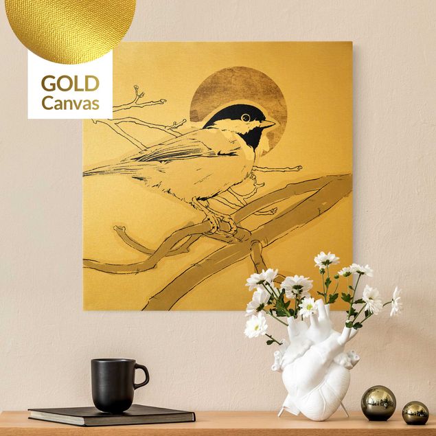 Wanddeko Wohnzimmer Vogel vor goldener Sonne I