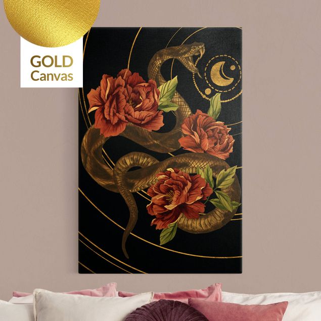 Wanddeko Wohnzimmer Schlange mit Rosen Schwarz und Gold II