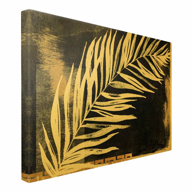 Wanddeko Esszimmer Palmenblatt auf Schwarz und Gold