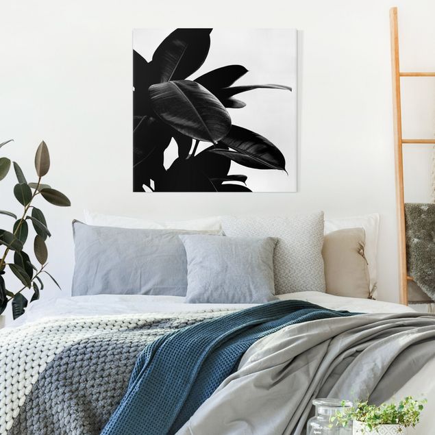 Wanddeko Schlafzimmer Gummibaum Blätter Schwarz Weiß