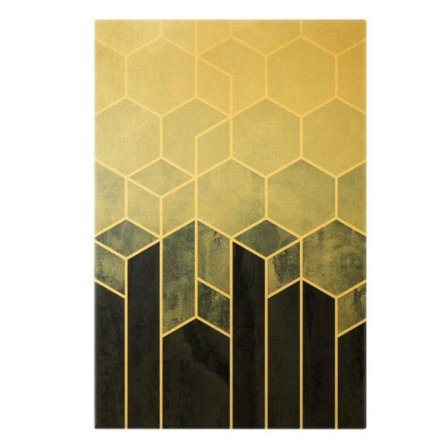 Wanddeko Büro Goldene Geometrie - Sechsecke Blau Weiß