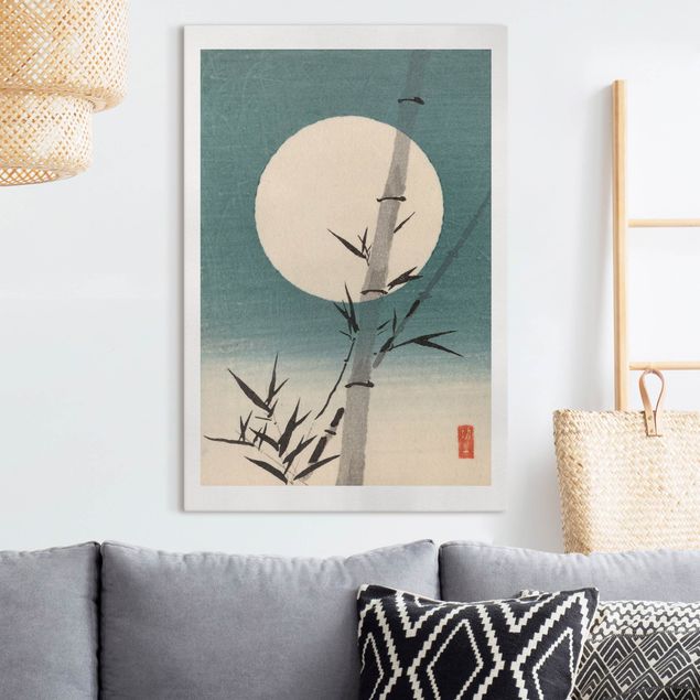 Wanddeko blau Japanische Zeichnung Bambus und Mond