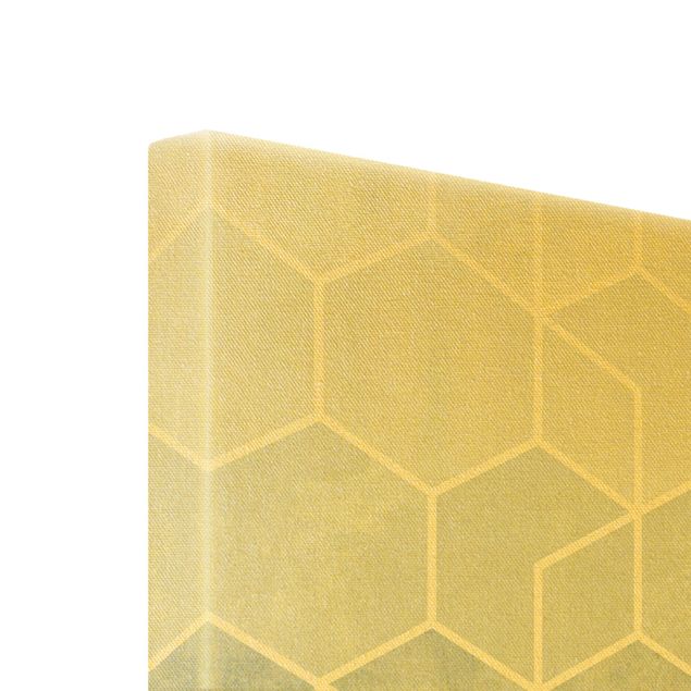 Wanddeko über Sofa Goldene Geometrie - Sechsecke Blau Weiß