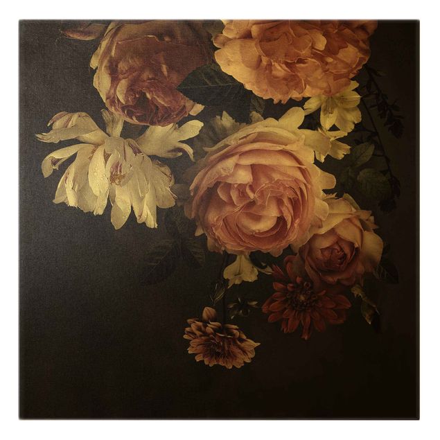 Wanddeko Flur Rosa Blumen auf Schwarz Vintage