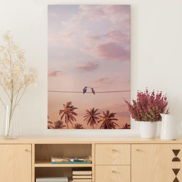 Wanddeko Wohnzimmer Sonnenuntergang mit Kolibris