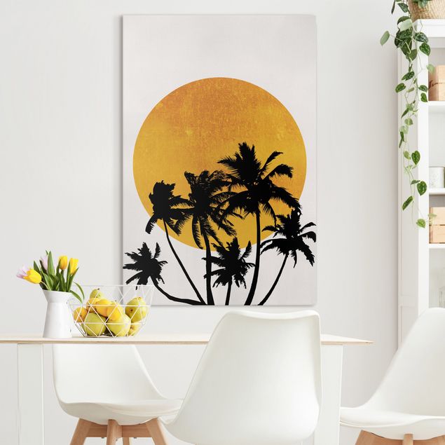 Wanddeko Wohnzimmer Palmen vor goldener Sonne
