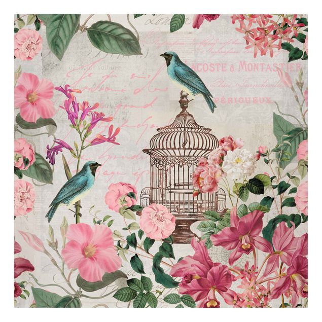 Wanddeko Esszimmer Shabby Chic Collage - Rosa Blüten und blaue Vögel