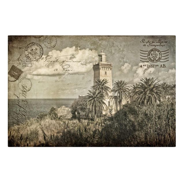 Wanddeko grün Vintage Postkarte mit Leuchtturm und Palmen