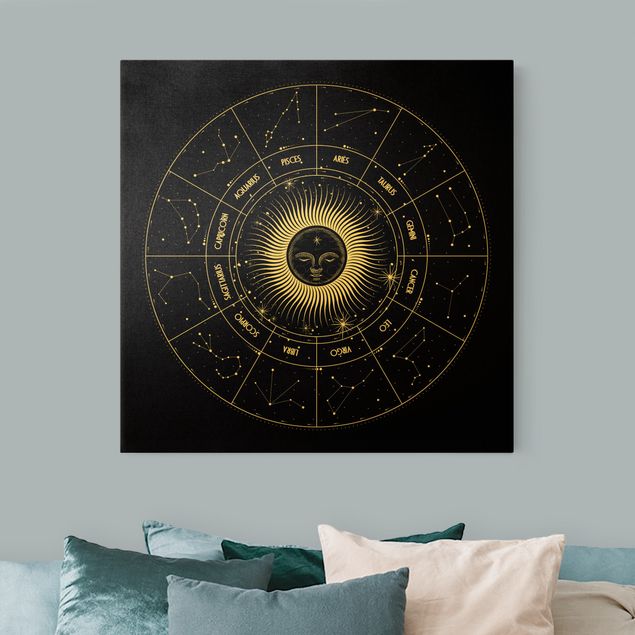 Wanddeko Büro Astrologie Sternzeichen im Sonnenkreis Schwarz