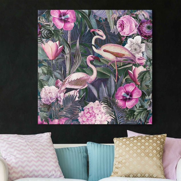 Wanddeko Wohnzimmer Bunte Collage - Pinke Flamingos im Dschungel