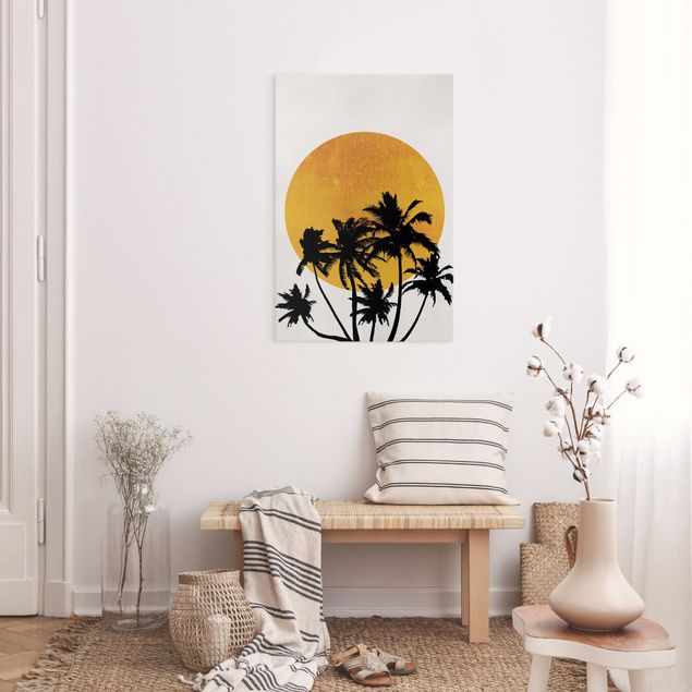 Wanddeko Schlafzimmer Palmen vor goldener Sonne