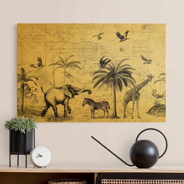 Wandbilder Elefanten Vintage Collage - Exotische Landkarte