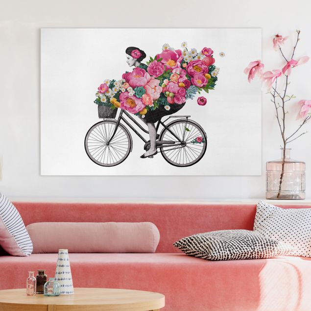 Wanddeko Jugendzimmer Illustration Frau auf Fahrrad Collage bunte Blumen