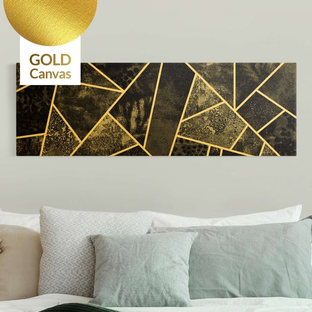 Wanddeko Wohnzimmer Goldene Geometrie - Graue Dreiecke