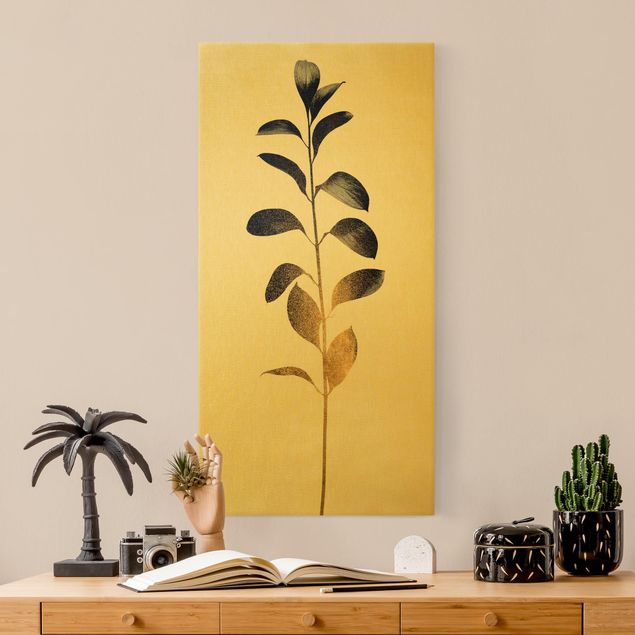 Wanddeko Schlafzimmer Grafische Pflanzenwelt - Gold und Grau
