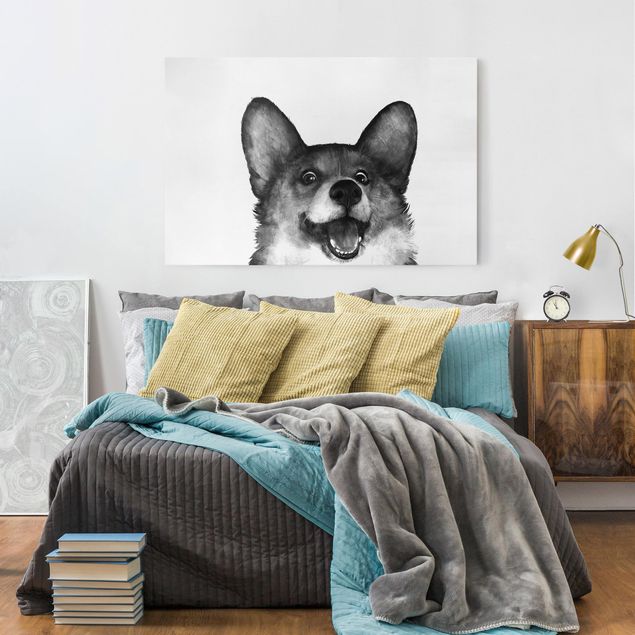 Wanddeko Schlafzimmer Illustration Hund Corgi Weiß Schwarz Malerei