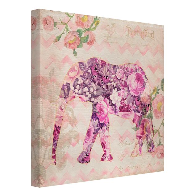 Leinwandbild Rose Vintage Collage - Rosa Blüten Elefant