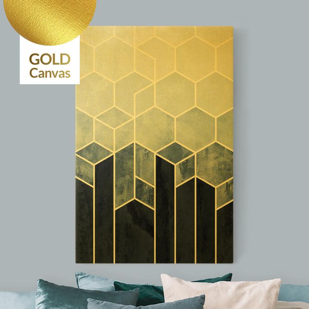 Wanddeko Wohnzimmer Goldene Geometrie - Sechsecke Blau Weiß