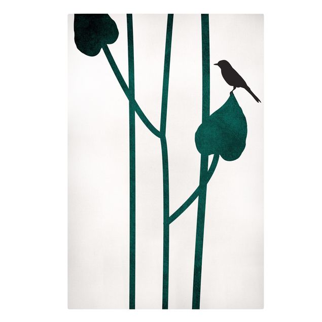 Wanddeko Flur Grafische Pflanzenwelt - Vogel auf Blatt