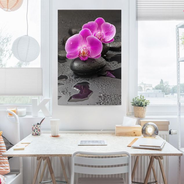 Wanddeko Wohnzimmer Pinke Orchideenblüten auf Steinen mit Tropfen