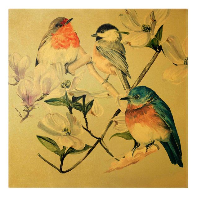 Wanddeko Esszimmer Bunte Vögel auf einem Magnolienast I