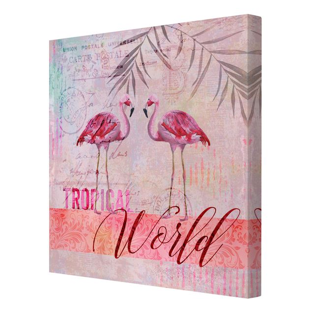 Leinwandbilder Vögel Vintage Collage - Tropical World Flamingos