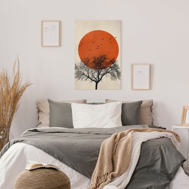 Wanddeko Schlafzimmer Vogelschwarm vor roter Sonne II