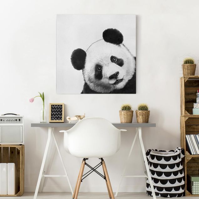 Wanddeko Wohnzimmer Illustration Panda Schwarz Weiß Malerei