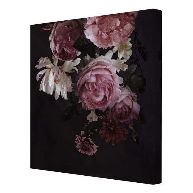 Wanddeko Esszimmer Rosa Blumen auf Schwarz
