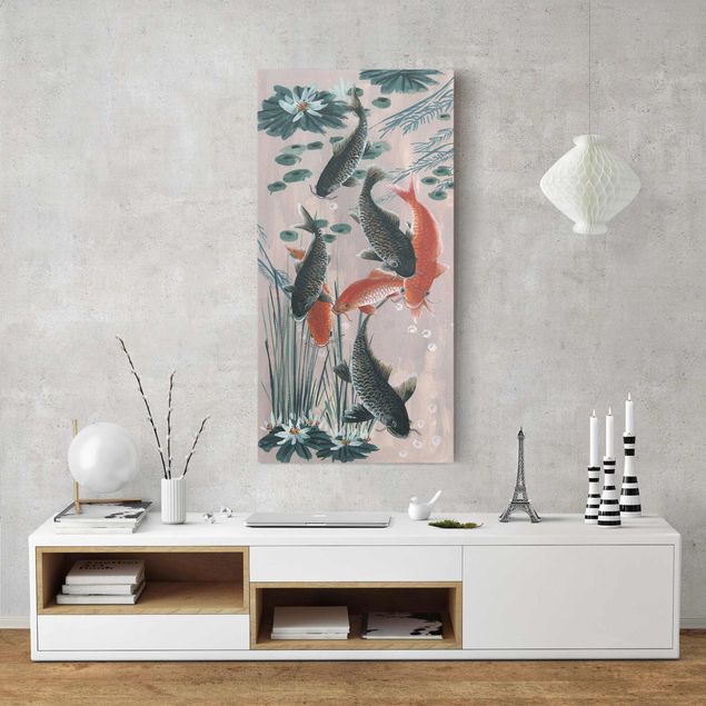 Leinwandbild Rose Asiatische Malerei Kois im Teich II