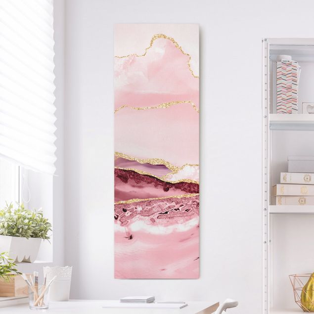 Wanddeko Wohnzimmer Abstrakte Berge Rosa mit Goldenen Linien