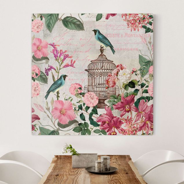 Wanddeko Wohnzimmer Shabby Chic Collage - Rosa Blüten und blaue Vögel