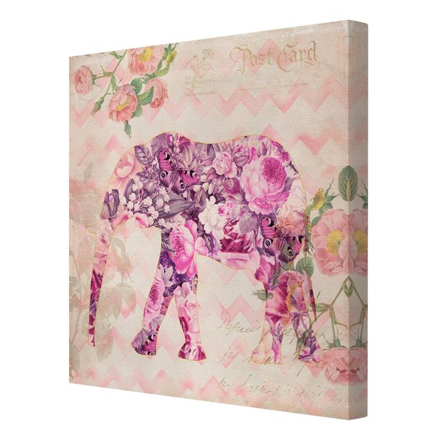 Wohndeko Blume Vintage Collage - Rosa Blüten Elefant