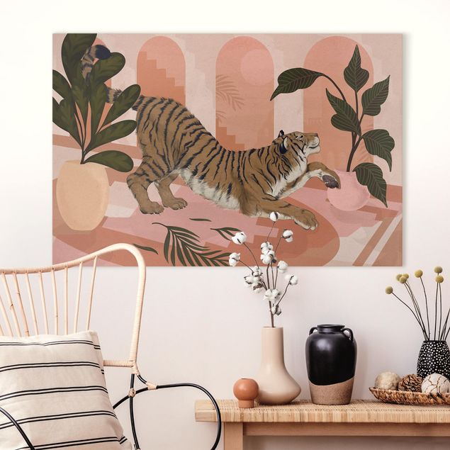 Wanddeko Wohnzimmer Illustration Tiger in Pastell Rosa Malerei