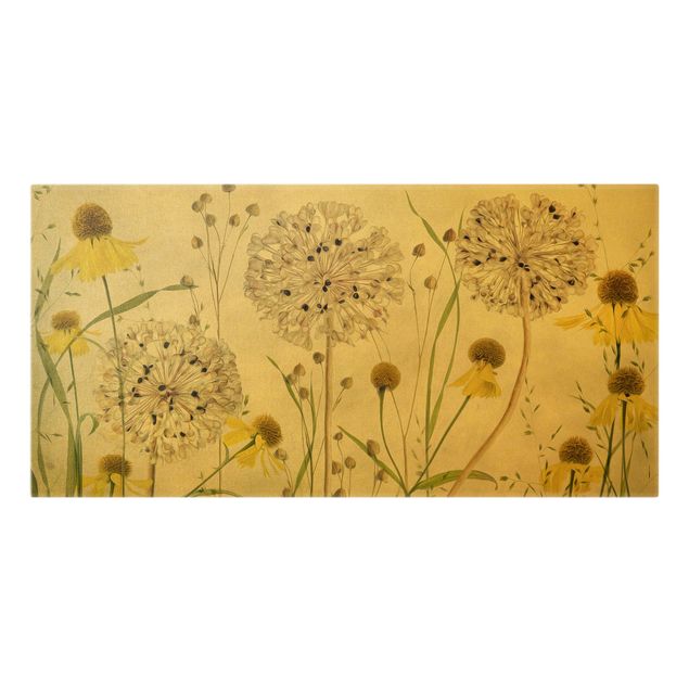 Wanddeko gold Allium und Helenium Illustration