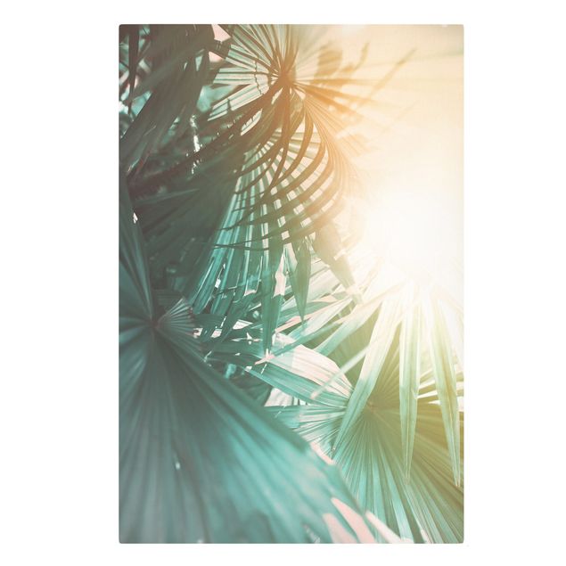 Wanddeko Esszimmer Tropische Pflanzen Palmen bei Sonnenuntergang
