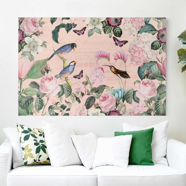 Wanddeko Wohnzimmer Vintage Collage - Rosen und Vögel