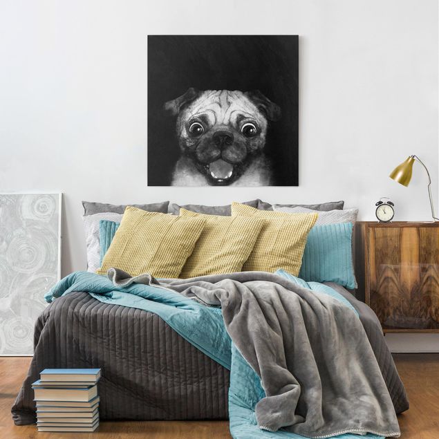 Leinwand Katze Illustration Hund Mops Malerei auf Schwarz Weiß