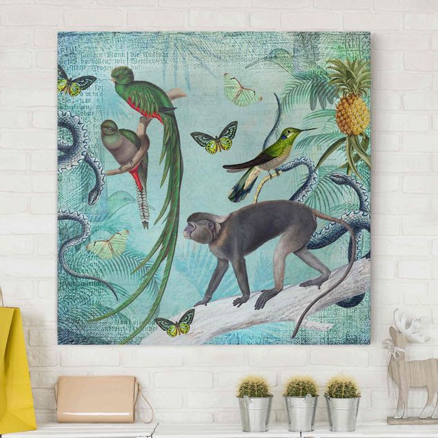 Leinwand Affe Colonial Style Collage - Äffchen und Paradiesvögel