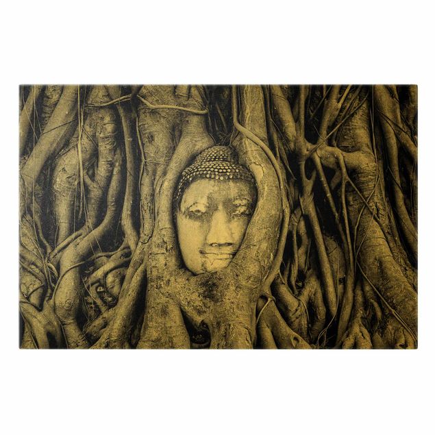 Wanddeko Büro Buddha in Ayuttaya von Baumwurzeln gesäumt in Schwarzweiß