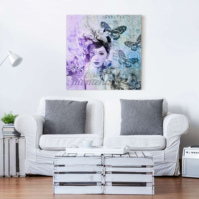 Wanddeko Schlafzimmer Shabby Chic Collage - Portrait mit Schmetterlingen