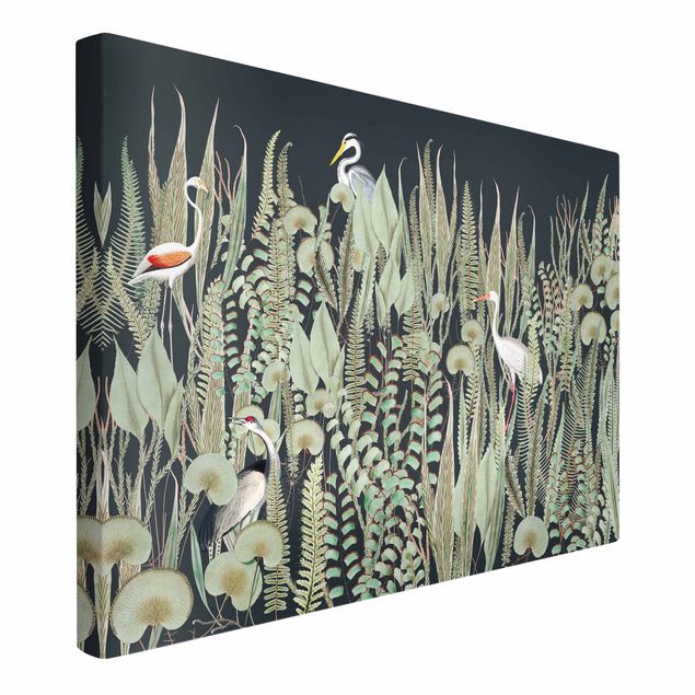 Wanddeko Esszimmer Flamingo und Storch mit Pflanzen auf Grün